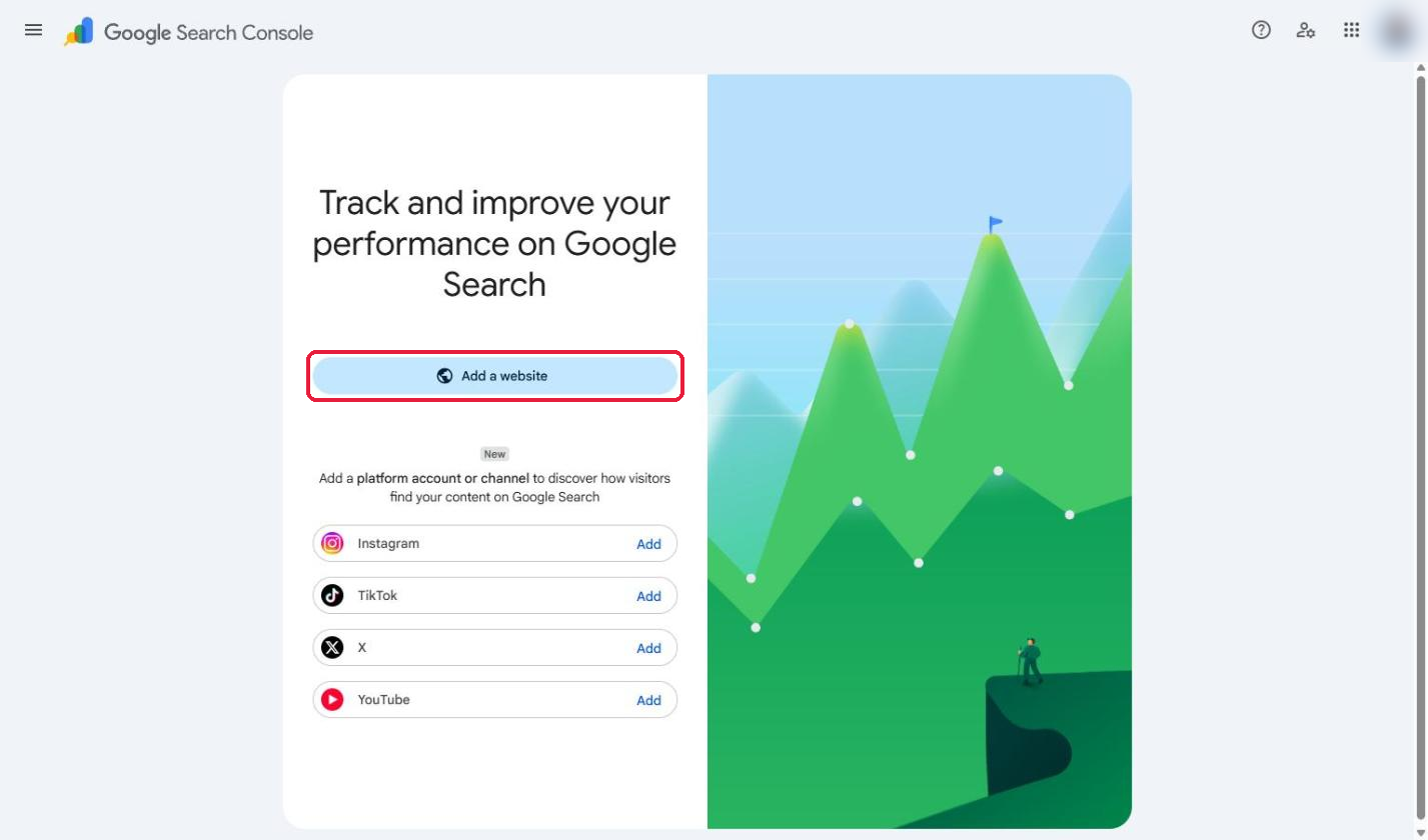 Google Search Console welcome screen with Add a website button
