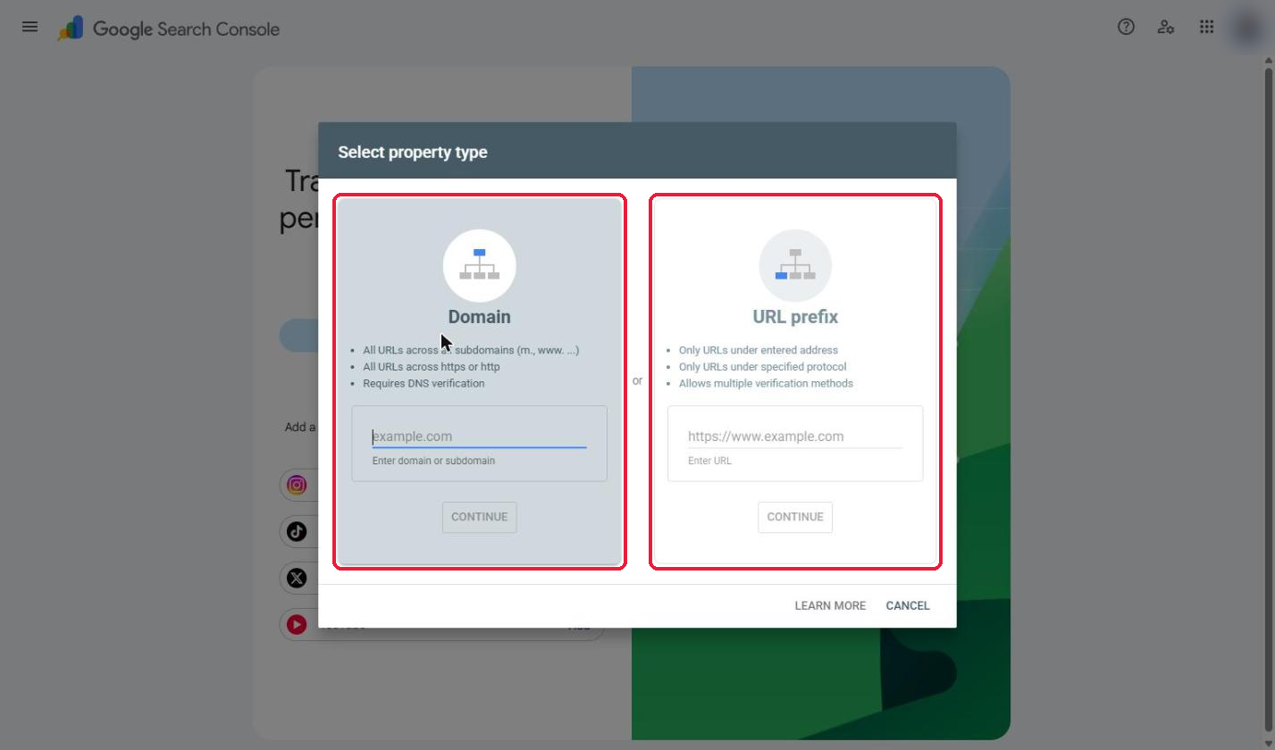 Google Search Console Select property type dialog: Domain vs URL prefix