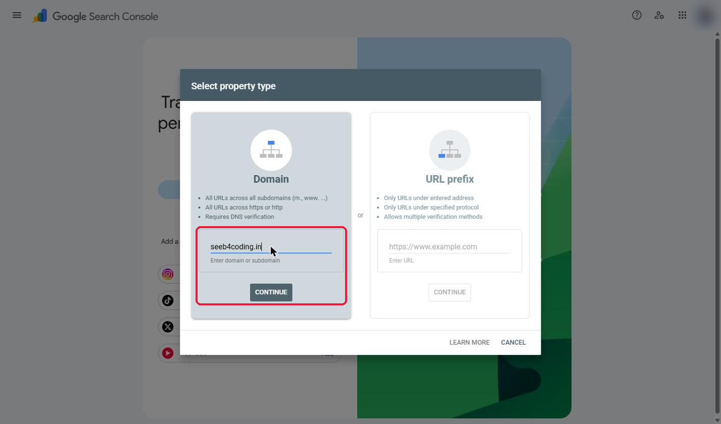 Entering a domain name in Google Search Console Domain property