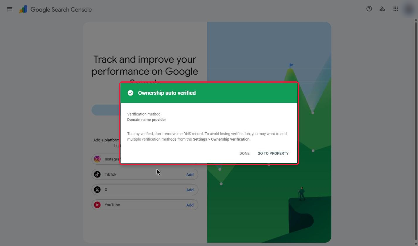 Google Search Console Ownership auto verified message