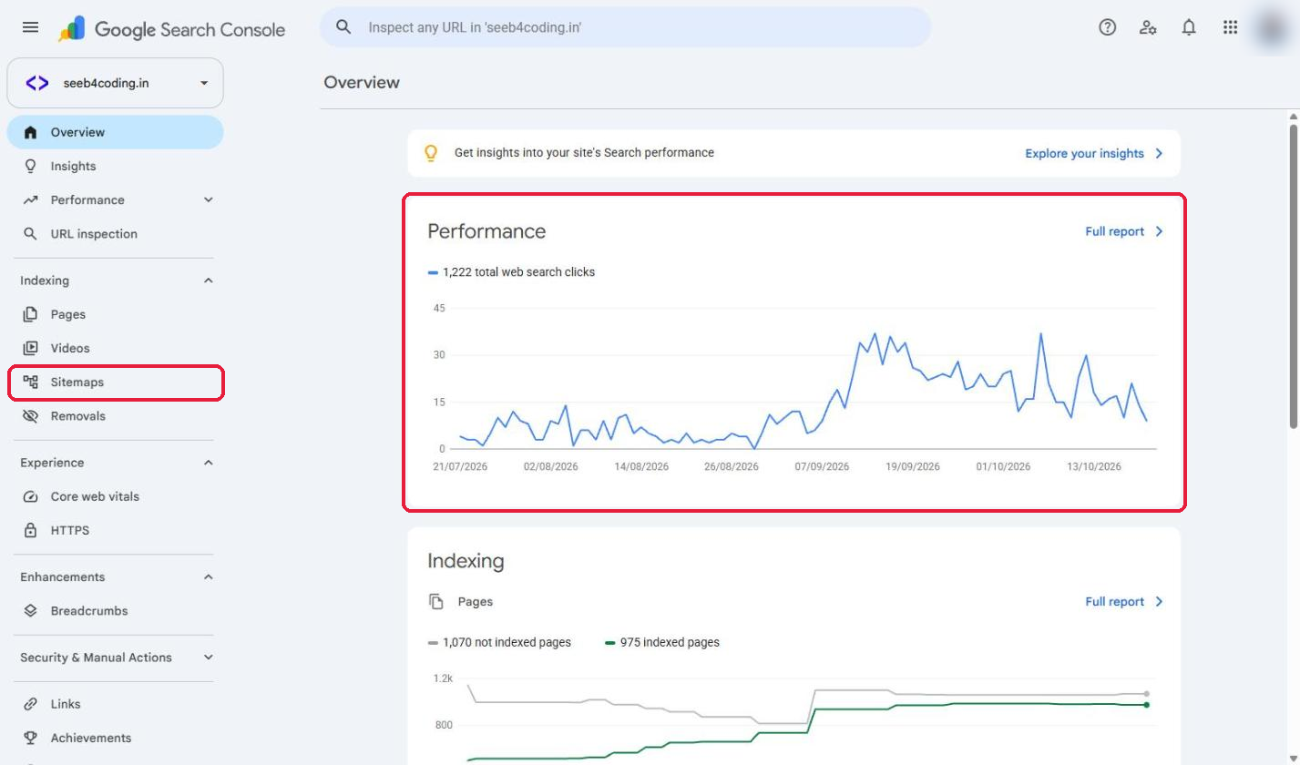 Google Search Console Overview dashboard with Performance and Indexing reports