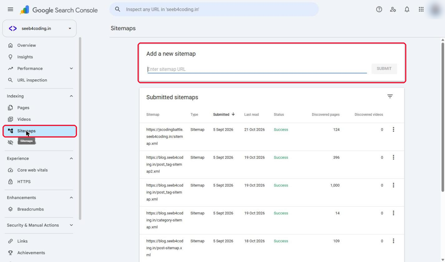 Google Search Console Sitemaps page with Add a new sitemap field