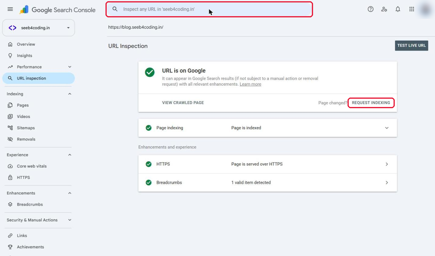 Google Search Console URL Inspection showing URL is on Google and Request Indexing